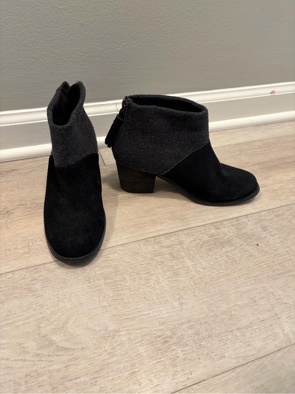 Toms Two-Tone Black and Charcoal Suede Ankle Booties